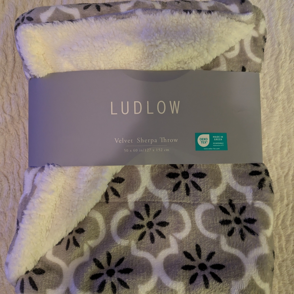 Gray and White Velvet Sherpa Throw NEW